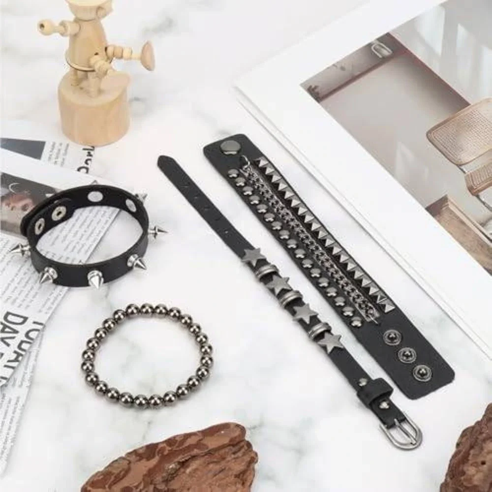 4Pc Punk Rock Studded Bracelet Set Black Faux‎ Leather Spiked Star Goth Grunge